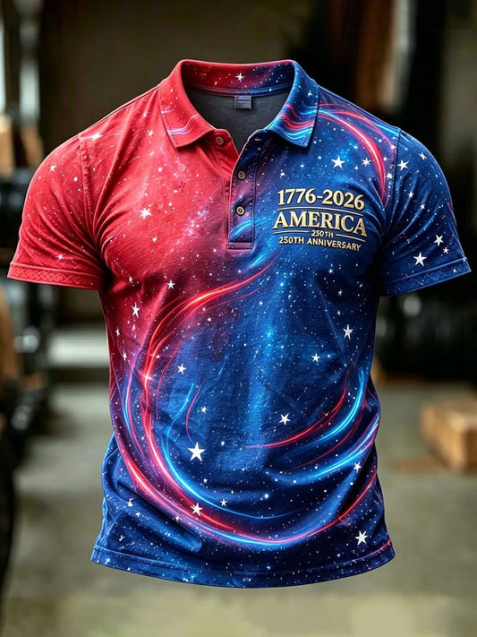 Men's Casual Artistic American 250th Anniversary Flag Print Polo Shirt