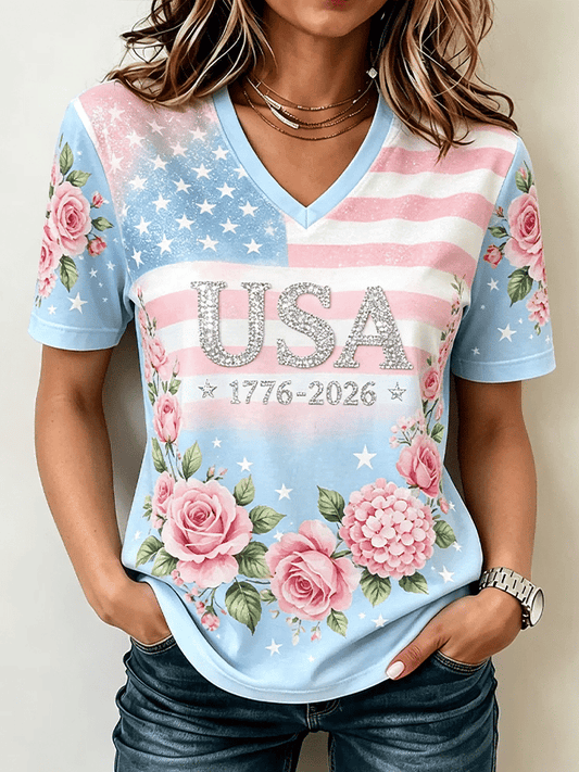 Patriotic Art Floral Design Women's V-Neck T-Shirt
