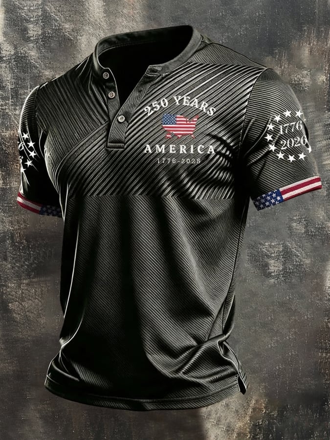 Men's Retro Patriotic Color-Block Short-Sleeve Henley Shirt