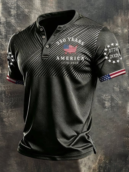 Men's Retro Patriotic Color-Block Short-Sleeve Henley Shirt