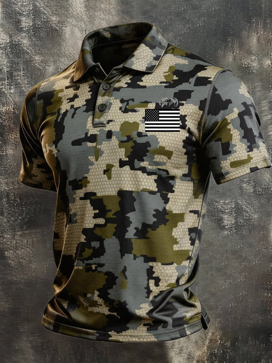 Men's Retro Patriotic Color-Block Short-Sleeve Polo Shirt