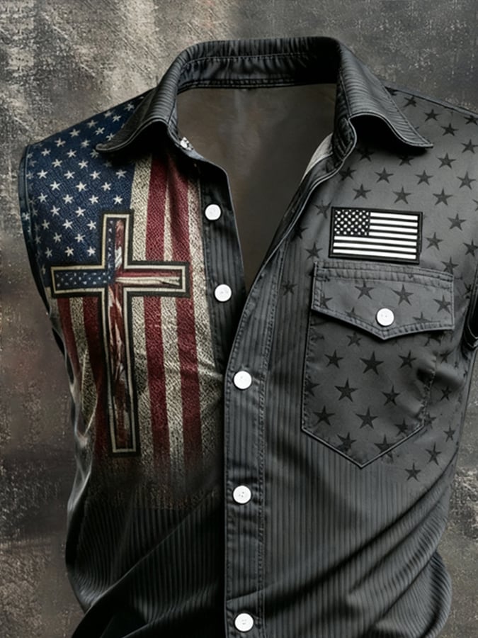Men's Retro Patriotic Color-Block Printed Sleeveless Shirt