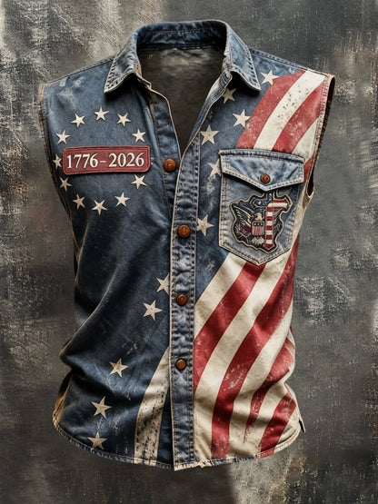 Men's Retro Patriotic Color-Block Printed Sleeveless Shirt