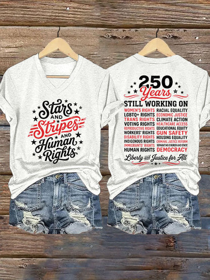 Women's Stars And Stripes And Human Rights Print Casual T-shirt