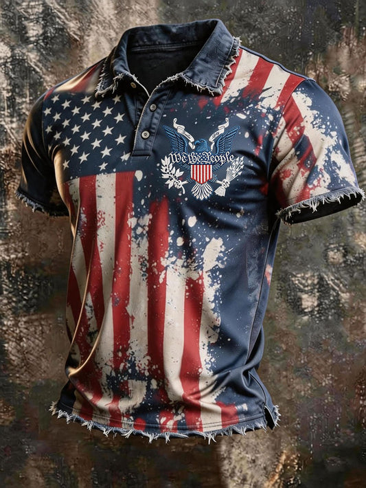 Men's Retro Patriotic Print Casual Short-Sleeve Polo Shirt