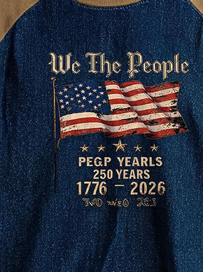 Men Vintage We The People American Flag 250th Anniversary 1776-2026 Raglan Short Sleeve T-Shirt Washed Denim Texture Patriotic Casual Top