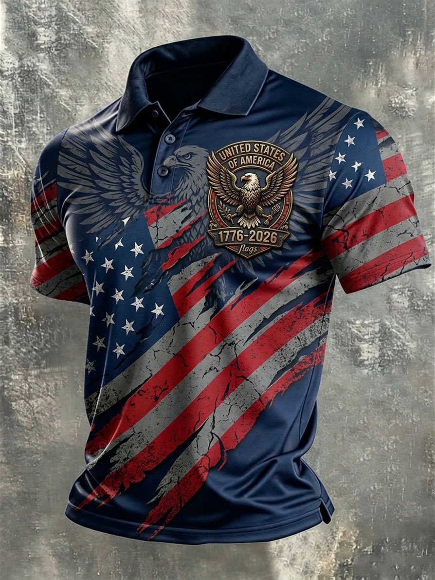 Men's Casual Artistic American 250th Anniversary Flag Print Polo Shirt