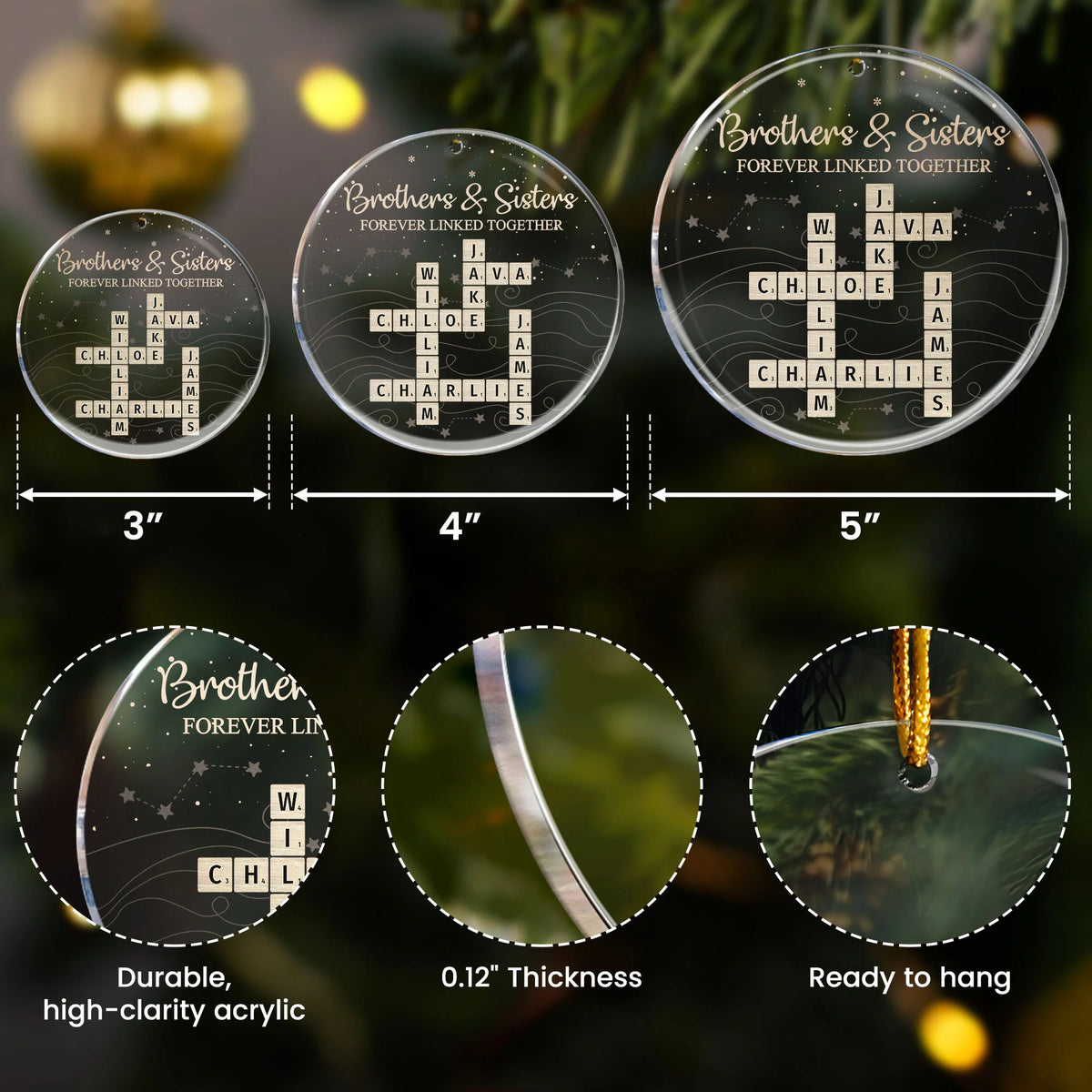 Brothers & Sisters Forever Linked Together Scrabble 2026 Christmas Ornament - Personalized Acrylic Ornament