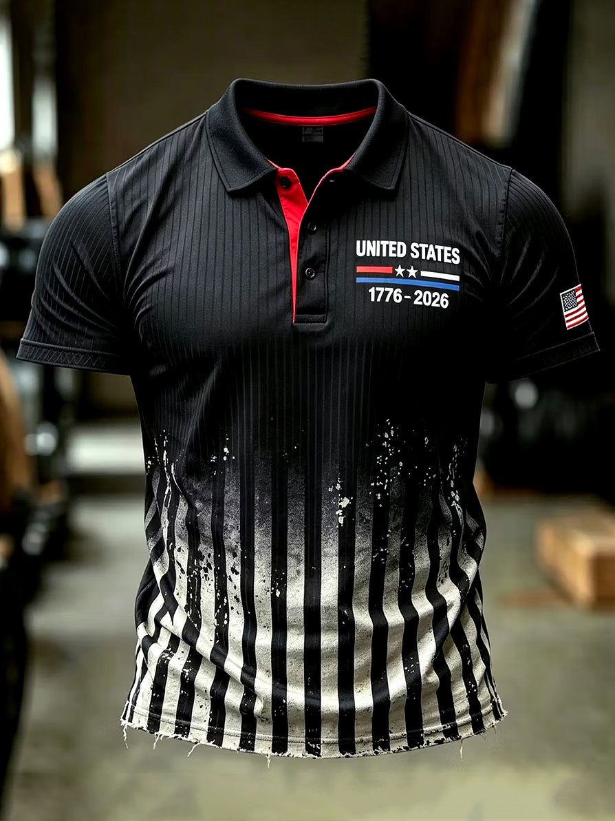 Men's Casual Artistic American 250th Anniversary Flag Print Polo Shirt