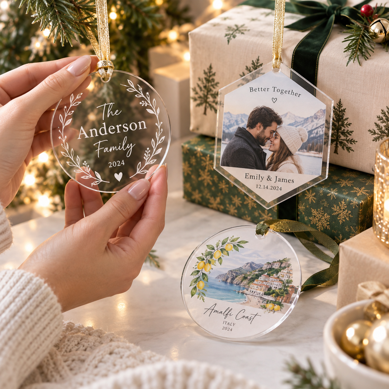 Personalized family and travel acrylic ornaments beside wrapped gifts