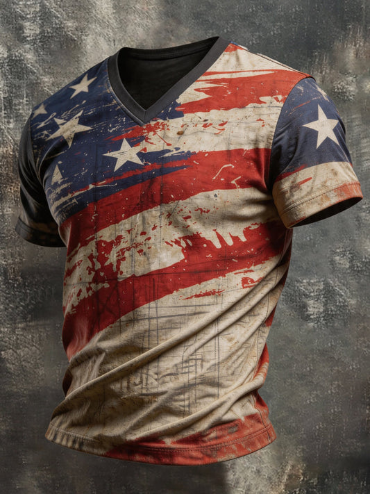 Men's Retro Patriotic Color-Block V-Neck Short-Sleeve T-Shirt