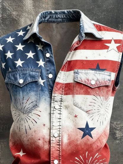 Men's Retro Patriotic Color-Block Printed Sleeveless Shirt