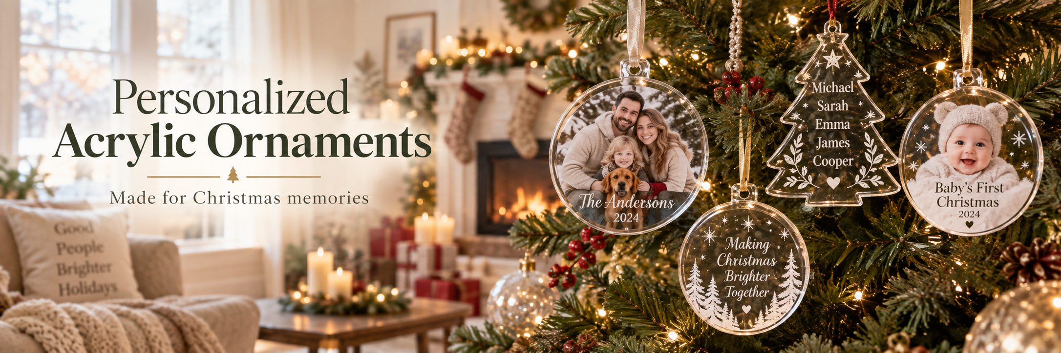 Personalized acrylic Christmas ornaments displayed on a holiday tree