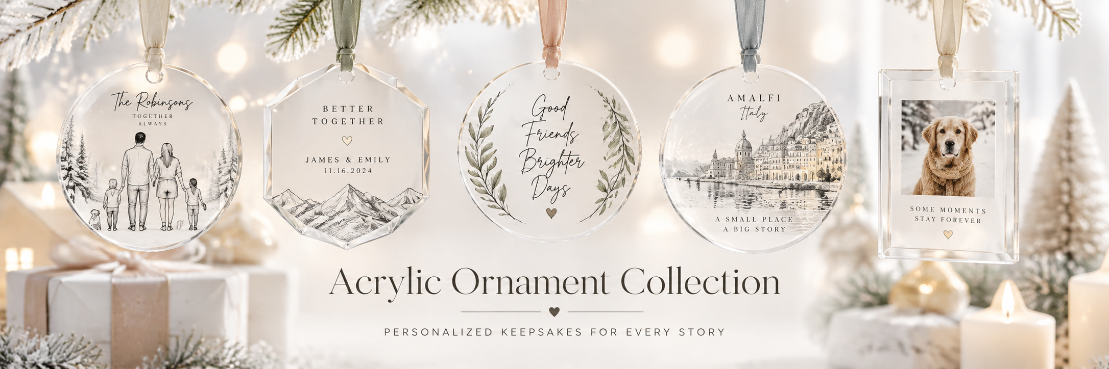 A collection of personalized clear acrylic ornaments for different stories