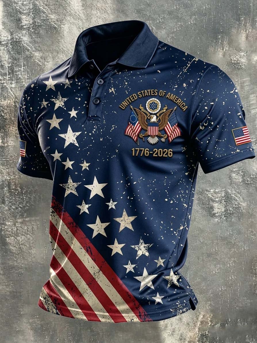 Men's Casual Artistic American 250th Anniversary Flag Print Polo Shirt