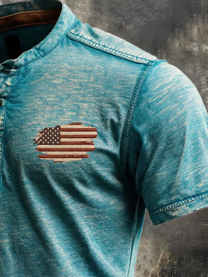 Men's Retro Patriotic Color-Block Short-Sleeve Henley T-Shirt