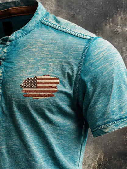 Men's Retro Patriotic Color-Block Short-Sleeve Henley T-Shirt