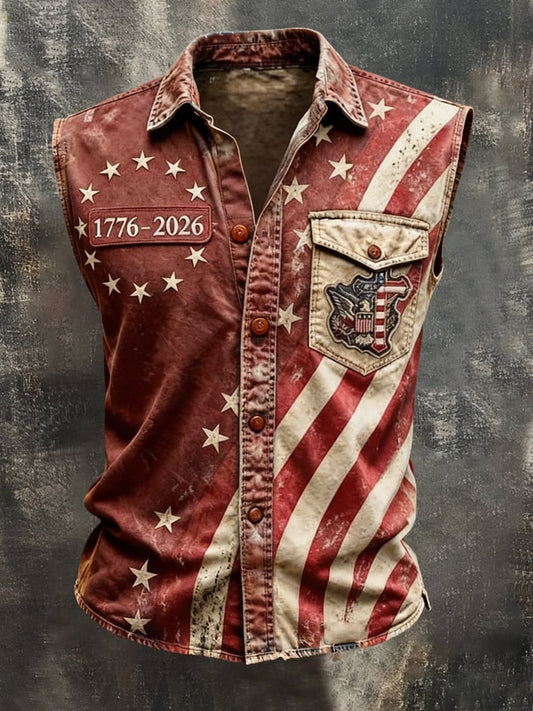 Men's Retro Patriotic Color-Block Printed Sleeveless Shirt