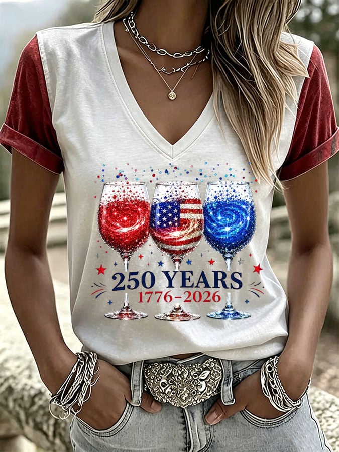 Women's USA 250th Anniversary Print V Neck T-shirt