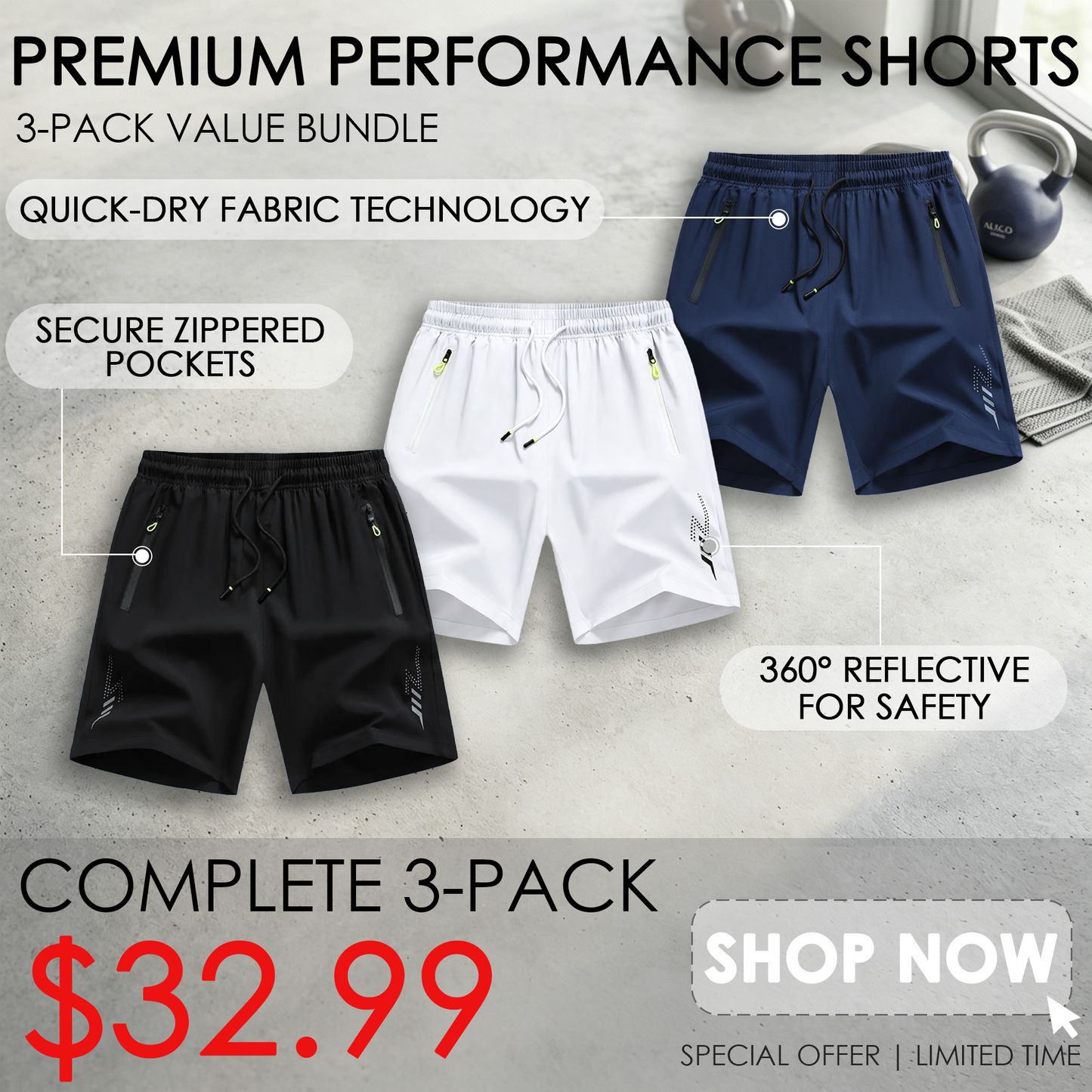 Men’s 3-Pack Quick-Dry Athletic Shorts – Lightweight Breathable Gym & Running Shorts with Pockets & Drawstring Waist